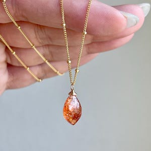 Sunstone Necklace, Orange Oregon Sunstone Pointy Teardrop Layering Necklace on Satellite Chain in Gold or Silver, Dainty Mother&#39;s Day Gift