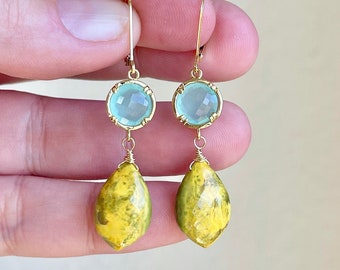 Chalcedony and Bumblebee Jasper Earrings, Sea Green and Yellow Elongated Statement Earrings Gold or Silver, Elegant Jewelry Gift for her