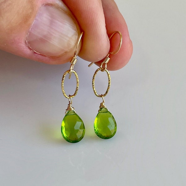 Peridot Earrings, August Birthstone, Green Teardrop Earrings, Tiny Lime Gold Dangle Earrings, Peridot Jewelry, Summer Earrings, Gift for her