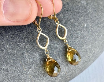 Citrine Earrings, November Birthstone, Dark Yellow Dangle Earrings in Gold or Silver, Dark Citrine Simple Teardrop Earrings, Gift for women