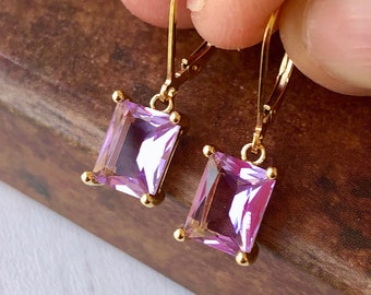 Pink Amethyst Earrings, February Birthstone, Lavender Rectangle Earrings in Gold or Silver, Emerald Cut Earrings, Amethyst Jewelry Mom Gift