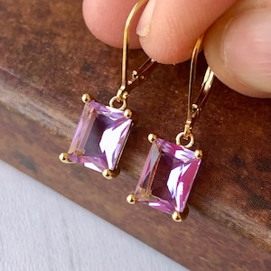 Pink Amethyst Earrings, February Birthstone, Lavender Rectangle Earrings in Gold or Silver, Emerald Cut Earrings, Amethyst Jewelry Mom Gift