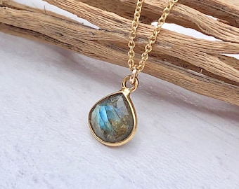 Labradorite Necklace, Blue Labradorite Teardrop Pendant, Layering Necklace Gold or Silver, Dainty Minimalist Jewelry, Gemstone Gift for her