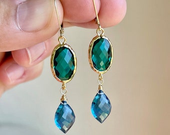 Emerald Quartz and Blue Topaz Earrings, Green and Blue Statement Earrings in Gold or Silver, Colorful Elegant Jewelry, Mother's Day Gift