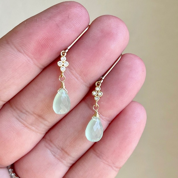 Jade Earrings, Tiny Sage Teardrop Dangle Earrings in Gold or Silver, Minimalist Green Jewelry, Jade Dangle Earrings, Gift for Mother's Day