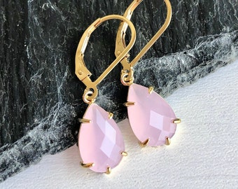 Rose Quartz Earrings, Pink Teardrop Earrings, Blush Pink Earrings, Small Dangle Earrings, Rose Quartz Gold Jewelry, Gift for Mom, Girlfriend