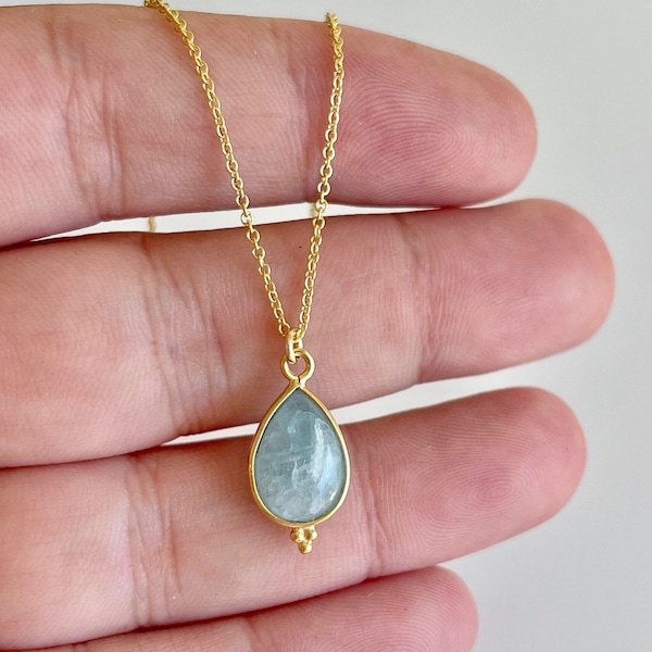 Aquamarine Necklace, March Birthstone, Minimalist Milky Teal Blue Teardrop Pendant Gold and Silver, Delicate Layering Boho Chic Jewelry Gift