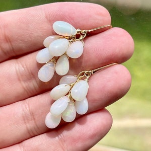 Opal Cluster Earrings, October Birthstone, White Fire Opal Teardrop Statement Earrings in Gold or Silver, Genuine Opal Jewelry Gift for her