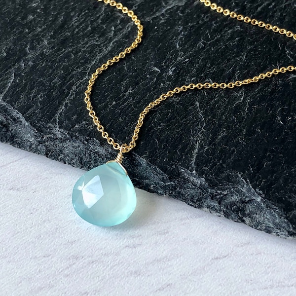 Blue Chalcedony Necklace, Aqua Teardrop Pendant, Minimalist Layering Necklace, Aqua Drop Pendant in Gold or Silver chain, Blue Gift for her