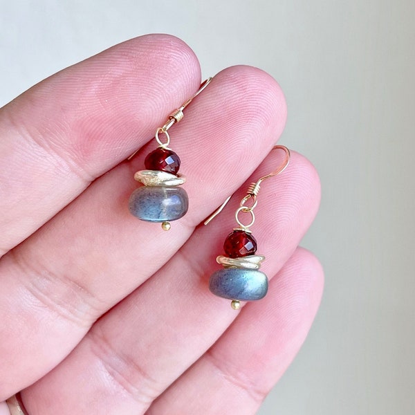 Labradorite and Garnet Earrings, Gray and Red Oval Small Earrings in Gold or Silver, Minimalist Jewelry, January Birthstone Gift for women