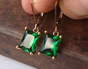 Emerald Earrings, May Birthstone, Dark Green Rectangle Earrings in Gold or Silver, Emerald Quartz Baguette Drops, Jewelry Gift for Mom