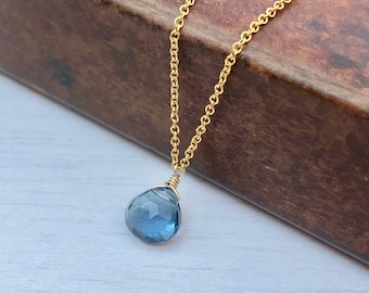 Blue Topaz Necklace, London Blue Topaz Teardrop Pendant, December Birthstone, Minimalist Necklace, Navy Gold Layering Necklace, Gift for her