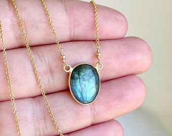 Labradorite Necklace, Blue Flash Labradorite Oval Pendant, Layering Gold Necklace, Minimalist Gemstone Jewelry, Blue Summer Necklace Gift