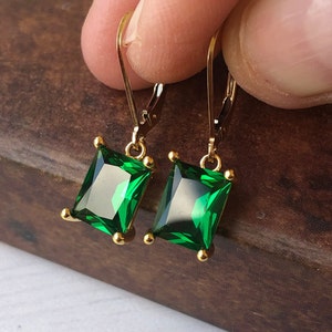 Emerald Earrings, May Birthstone, Dark Green Rectangle Earrings in Gold or Silver, Emerald Quartz Baguette Drops, Jewelry Gift for Mom