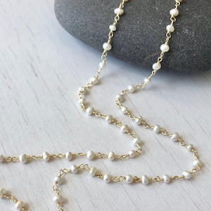 Pearl Necklace, White Pearl Long Layering Necklace, Freshwater Pearl Jewelry in Gold or Silver, June Birthstone, Beaded Pearl Jewelry Gift