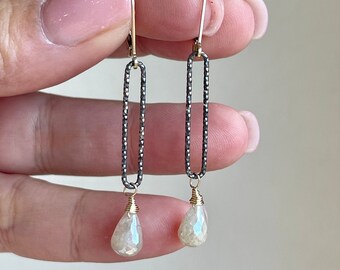 White Silverite Oval Earrings, Sheen Teardrop on Thin Oxidized Silver Oval, Choice of Gold or Silver, Elongated Oval Jewelry Gift for Mother