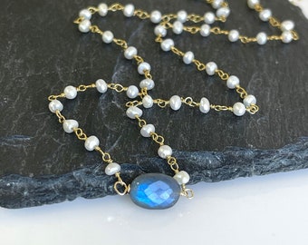 Pearl and Labradorite Necklace, Blue Flash Labradorite Oval Pendant, Beaded Pearl Chain in Gold or Silver, June Birthstone Elegant Mom Gift