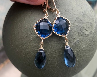 Blue Quartz Earrings, Dark Blue Statement Earrings, Royal Blue Gold Drops, September Birthstone, Navy Blue Jewelry, Indigo Blue Gift for her