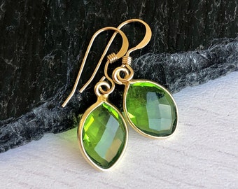 Peridot Earrings, Lime Green Earrings in Gold or Silver, August Birthstone, Simple Dangle Drops, Green Gift Idea, Minimal Gift for August