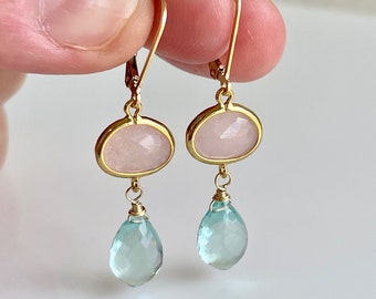 Rose Quartz and Green Amethyst Earrings, Pink and Green Prasiolite Dangle Earrings in Gold or Silver, Blush and Green Drops, Gift for women