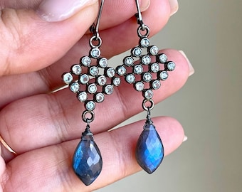 Aquamarine and Labradorite Statement Earrings, March Birthstone, Gray and Blue Marquise Vintage Style Oxidized Silver Jewelry Gift for Mom