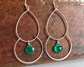 Green Onyx Earrings, Green Chandelier Earrings, Boho Emerald Green Earrings, Green and Silver Jewelry, Gift for her, Mother's Day Gift