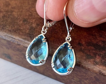 Aquamarine Earrings, March Birthstone, Blue Teardrop Gem Earrings in Gold or Silver, Sky Blue Jewelry, Boho Drop Earrings, Mother's Day Gift