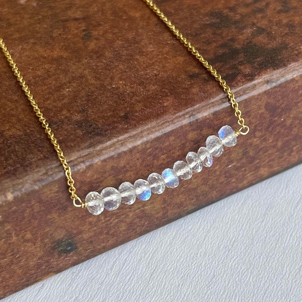 Rainbow Moonstone Necklace, June Birthstone, Moonstone Horizontal Bar Necklace, Minimalist Layering Jewelry Gold or Silver, Gift for women