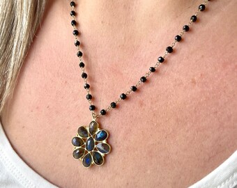 Labradorite and Onyx Necklace, Blue Flash Labradorite Flower Pendant, Blue and Black Gold Necklace, Floral Statement Gift for Mother's Day