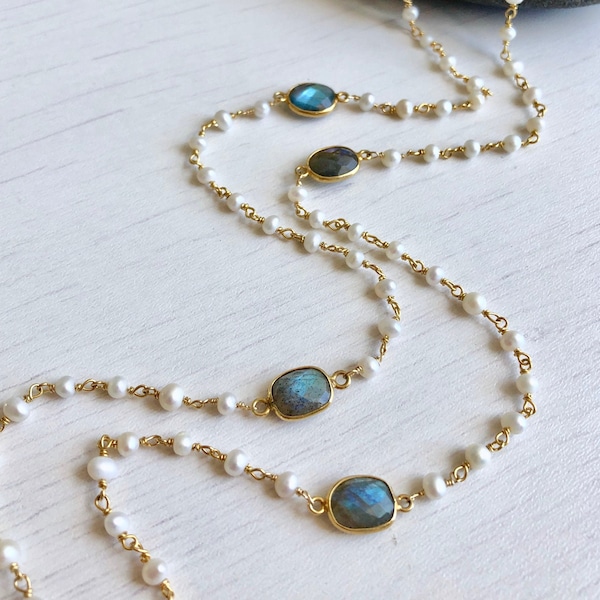Girl with a Pearl 5 Strand Labradorite & Pearl Necklace main image 0