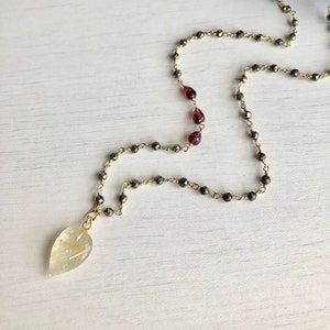 Pyrite and Garnet Necklace, Golden Rutilated Quartz Pointy Teardrop Pendant, Pyrite Beaded Layering Necklace, Gold Statement Necklace Gift