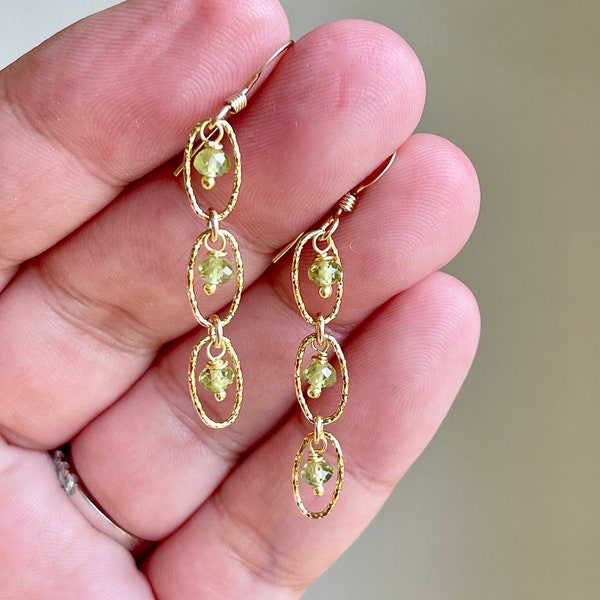 Peridot Earrings, August Birthstone, Lime Green Genuine Peridot Dangle Earrings,  Minimalist Jewelry Gold or Silver, Light Boho August gift