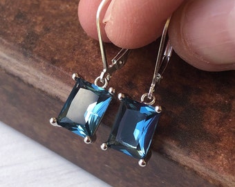 London Blue Quartz Earrings, December Birthstone, Dark Blue Rectangle Earrings in Gold or Silver, Baguette Drops, Jewelry Gift for Mom