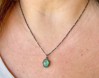 Emerald and Diamond Necklace, Raw Emerald Oval Diamond Halo Pendant, Oxidized Silver Satellite Chain Jewelry, Fine Diamond Gift for her