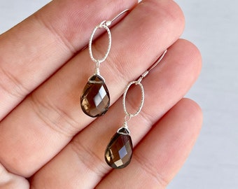 Smokey Topaz Earrings, Brown Teardrop Earrings Gold or Silver, Minimalist Smokey Drops, Simple Delicate Fall Jewelry, Holiday Gift for women