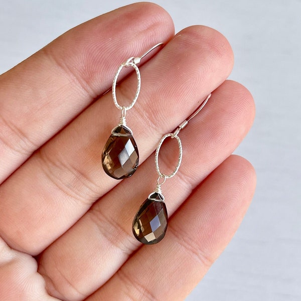 Smokey Topaz Earrings, Brown Teardrop Earrings Gold or Silver, Minimalist Smokey Drops, Simple Delicate Fall Jewelry, Holiday Gift for women