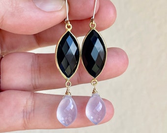 Onyx and Purple Chalcedony Earrings, Black and Lavender Elongated Marquise Drops in Gold, Long Statement Earrings, Elegant Gift for her