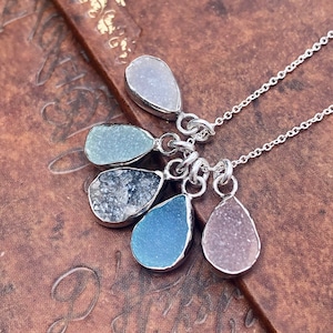 Druzy Necklace, Druzy Teardrop Pendant, Silver Drusy Minimalist Necklace, Crystal Layering Necklace, Healing Jewelry, Boho Gift for women