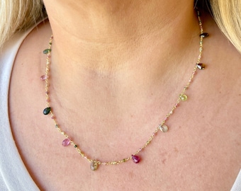 Watermelon Tourmaline Necklace, Multicolor Beaded Choker Gold or Silver, Wire wrapped Dainty Minimalist Necklace, October Birthstone Gift