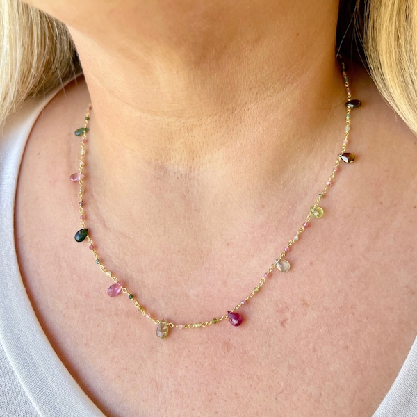 Watermelon Tourmaline Necklace, Multicolor Beaded Choker Gold or Silver, Wire wrapped Dainty Minimalist Necklace, October Birthstone Gift