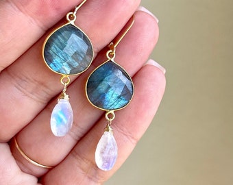 Labradorite and Moonstone Statement Earrings, Blue Flash Labradorite and Moonstone Teardrop Earrings in Gold, June Birthstone, Gift for Mom