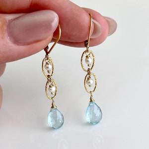 Aquamarine and Pearl Drop Earrings, Long Blue and White Summer Earrings in Gold or Silver, March Birthstone, Beaded Minimalist Jewelry Gift