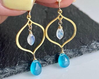 Aqua Chalcedony and Rainbow Moonstone Earrings, White and Blue Arabesque Statement Jewelry, Boho Chic Summer Earrings Gold or Silver Gift