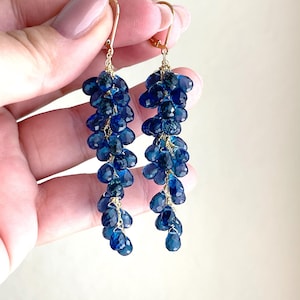 Blue Quartz Earrings, Navy Blue Long Teardrop Cluster Earrings in Gold, Statement Shoulder Duster Earrings, Royal Blue Jewelry Gift for her