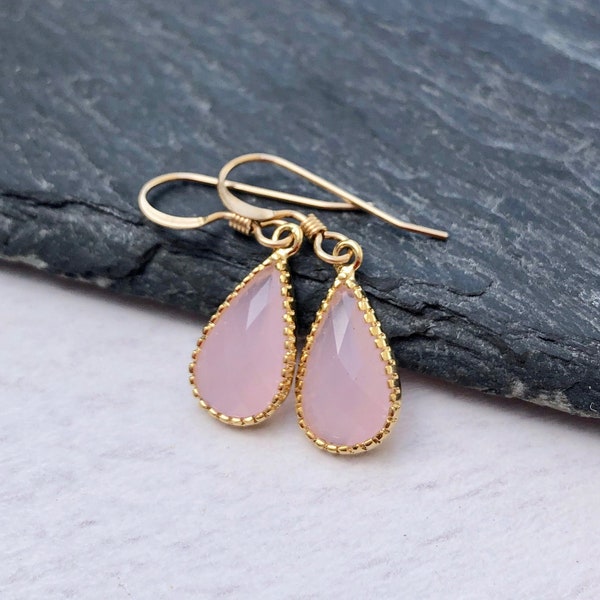 Rose Quartz Earrings, Pink Quartz Teardrop Earrings, Dainty Drop Earrings, Gift for Girlfriend, Minimal Everyday Jewelry, Gift under 25