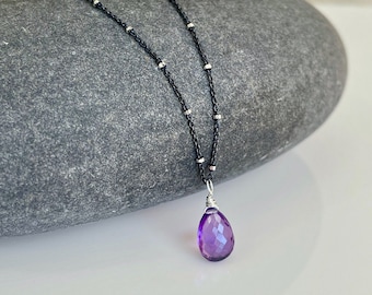 Amethyst Necklace, February Birthstone, Dark Purple Teardrop Layering Necklace on Oxidized Sterling Silver Chain, Lavender Drop Gift for her