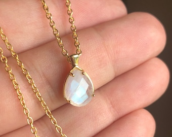 Rainbow Moonstone Necklace, June Birthstone, Small Moonstone Teardrop Pendant in Gold or Silver, Minimalist Jewelry, Layering Gift for Mom