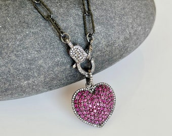 Pink Sapphire Heart Statement Necklace, Hot Fuchsia Pave and Diamond Oxidized Silver Pendant, Paperclip Chain with Front Diamond Clasp Gift