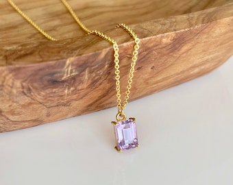 Amethyst Necklace, Tiny Lavender Amethyst Rectangle Pendant in Gold, February Birthstone, Minimalist Purple Layering Jewelry, Gift for her