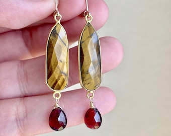 Tiger's Eye and Garnet Statement Earrings, Brown and Red Elongated Earrings in Gold, Large Gemstone Teardrop Earrings, Boho Gift for her